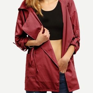 Burgundy Drawstring Pockets Hooded Coat